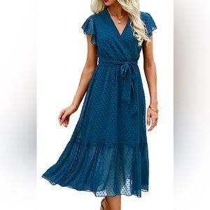 BTFBM Women Casual Wrap V-Neck Ruffle Cap Sleeveless Midi Sun Dress, size XL